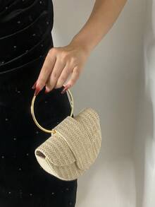 Mini Fashionable Straw Handbag, Women's Tote Bag, Crescent-Shaped, Lightweight, Ideal For Beach, Handheld Or Shoulder Carry, Summer Essential Ladies' Vacation Purse, Wallet, Phone Bag, Straw Woven Bag, Beach Bag, Suitable For Party, Wedding, Anniversary, Birthday, A Great Gift For Women - Apricot - View 3
