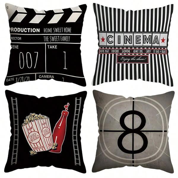 TOPSSCTR 4pcs Contemporary Cinema-Themed Throw Pillow Covers, Single-Side Design, Machine Washable Polyester With Zipper Closure, Sofa Cushion Cases For Home Decor
