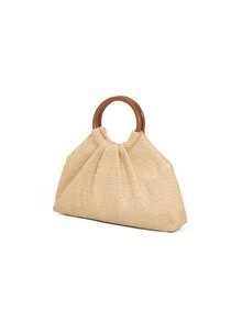 Woven Straw Tote Bag, Minimalist Design, Large Capacity, Round Handle, Ideal For Summer Vacation - Apricot - View 4