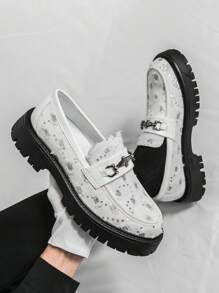 Men's Loafers Denim Distressed Decor British Style Formal Shoes, Casual White Dress Shoes