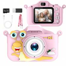 儿童相机，64G TF 卡和读卡器，前后双摄像头，1080P 高清视频，48 MP，多功能相机，带视频、游戏、音乐、男孩/女孩延时摄影功能。