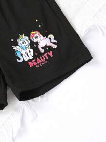 Set de 6 piezas: Conjuntos de camisetas para niñas, con estilo y lindas, de tela suave, transpirable y cómoda con estampado de dibujos animados, camiseta de cuello redondo y manga corta, y pantalones cortos deportivos decorados con lazos, adecuados para casual, diario, vacaciones y fiesta