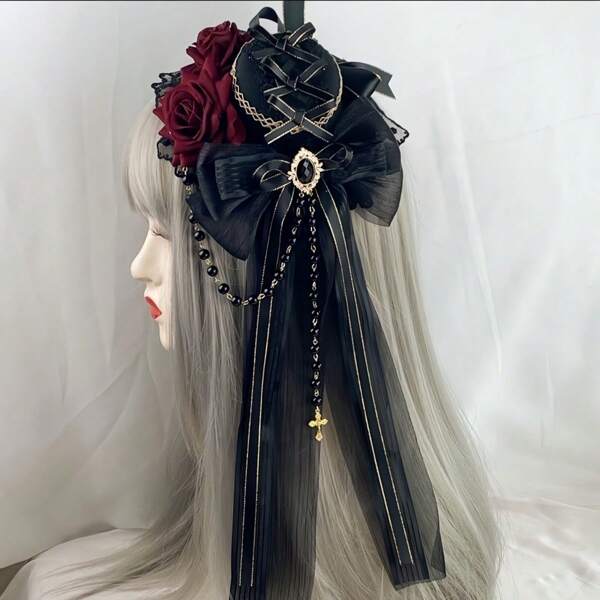 1 Stück Vintage Gothic Stil Rose Spitze Mini Hut, Lolita Stil Haarschmuck mit kleiner Kreuz Perlen Kette, Haarspange mit burgunderroter Blumen Deko für Partys, Kostümspiele, passend für Hochzeit, Ball und besondere Anlässe, exquisite Spitze
