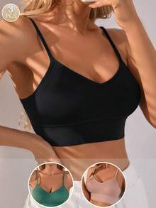 3 piezas Tops tipo camiseta de mujer, tops de sujetador sin costuras, estilo casual y cómodo, de cuello en V y sin alambres, en unicolor