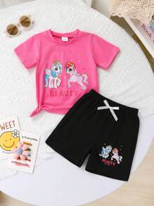 Set de 6 piezas: Conjuntos de camisetas para niñas, con estilo y lindas, de tela suave, transpirable y cómoda con estampado de dibujos animados, camiseta de cuello redondo y manga corta, y pantalones cortos deportivos decorados con lazos, adecuados para casual, diario, vacaciones y fiesta