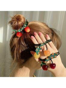 3 pièces Attache cheveux en forme de cerise pour femmes - Rouge vibrant avec ruban à pois verts, plastique durable, polyvalent pour toutes les saisons, cadeau idéal pour la Saint-Valentin
