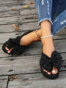Pantuflas de mujer con lazo y suela talla grande gruesa - Sandalias de verano a la moda, de material EVA cómodo, suela gruesa adecuada para uso exterior, ideal para playa o jardín casual, sandalias de dedo abierto, zapatos con tracción duradera, calzado de playa