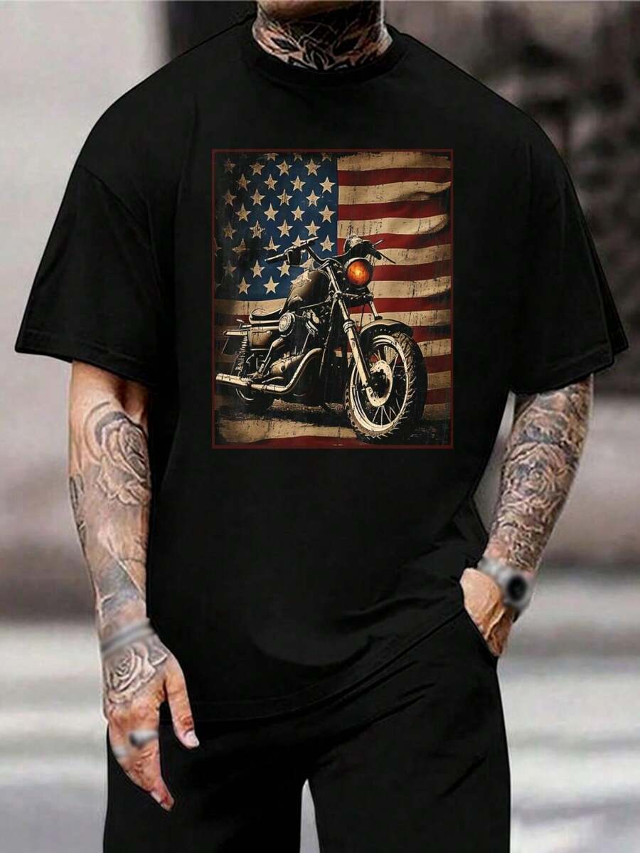 Camiseta de Motociclista con Bandera Americana para Hombre - Camiseta Gráfica Vintage de Biker, Ropa Patriótica de Motociclista, Camiseta con Bandera de EE. UU., Top Casual de Verano, Mejor Regalo para Aficionados a las Motocicletas - Negro - Ver 1
