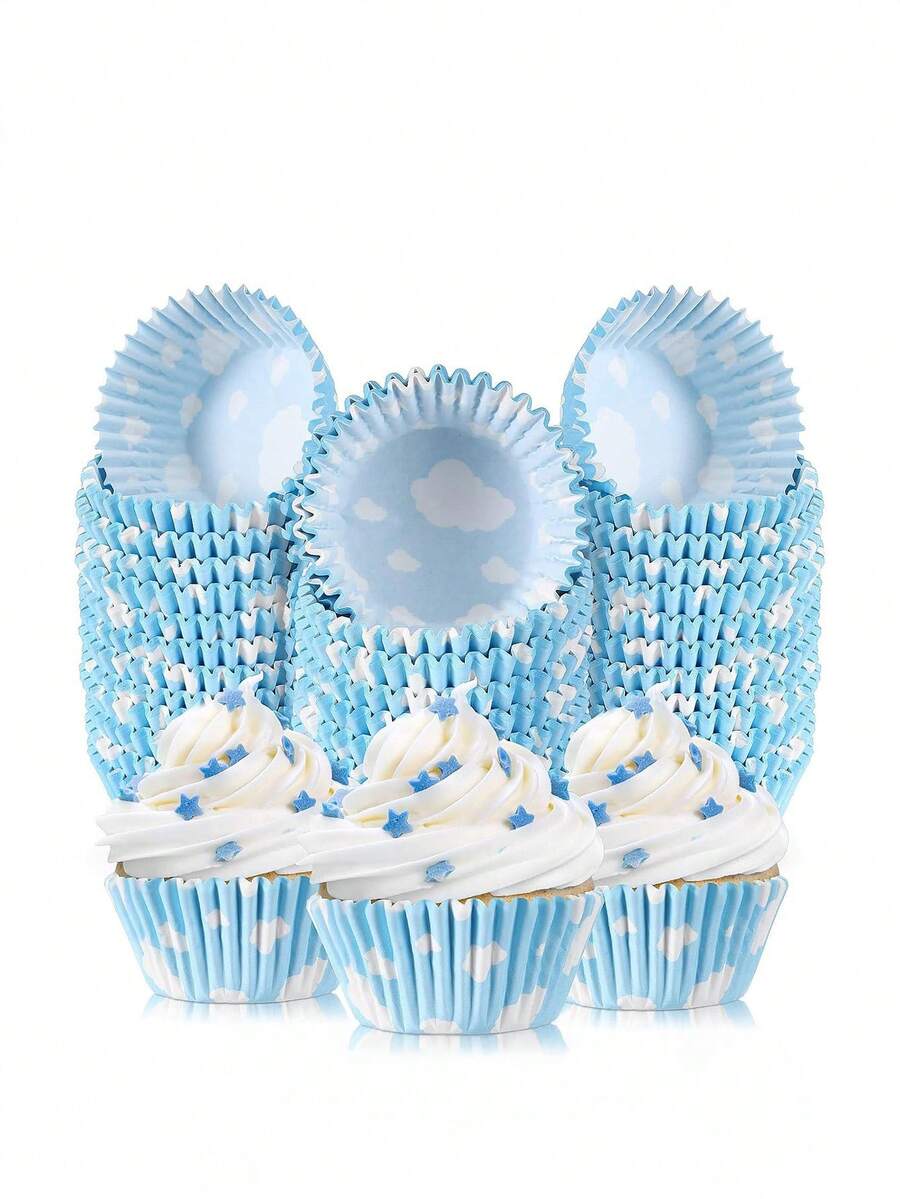 50/100pcs Blue Sky Cloud Cupcake Liners, Cloud Pattern Cake Cups, Snowflake Cupcake Wrappers, Birthday Party Baking Cups, Wedding Party Dessert Cake Decorative Cups - Blue - View 1