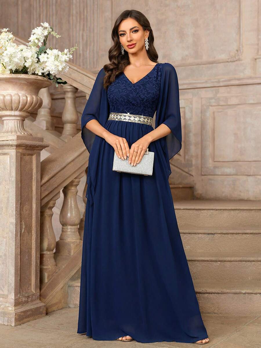 MIUSOL Váy Maxi dự tiệc trang trọng cổ chữ V tay cánh bướm ren hoa, thắt lưng sequin, váy dự tiệc thanh lịch dành cho nữ, váy dạ hội trang trọng, dành cho khách dự tiệc cưới, tốt nghiệp, tiệc tối - Màu xanh hải quân - Xem 1