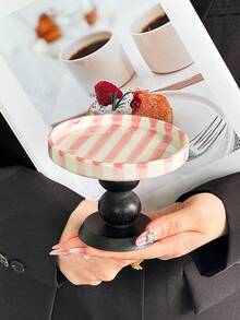 1pc Simple Stripe Ceramic Pedestal Tray, Ins Striped Jewelry Tray, Home Afternoon Tea, Snacks, Desserts Serving Tray, Elegant Pedestal Tray For Festival Gifts Back To School - Multicolor - View 19
