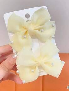 2pcs Girls' Yellow Bow Pearl Duck Clip Hair Clips - Yellow - View 5