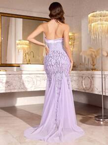 yanchunxier 1pc Elegant Sequin Halter Neck Backless Ribbed Knit Dress, With Sequin & Mesh Hem Detailing, For Wedding, Party, Formal Event, Fall Women Clothing