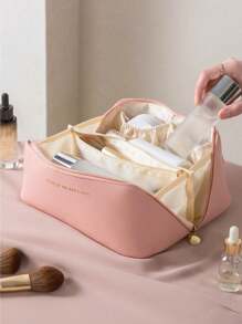 1 pièce Sac cosmétique imperméable à double couche, sac de maquillage en PU, sac de toilette de voyage en PVC, porte-pinceau de maquillage grande capacité, sac organisateur multifonction pour l'été, sac de voyage portable, sac de plage, boîte de rangement pour maquillage de salle de bain, convient pour le salon, la cuisine, la salle de bain, la Saint-Valentin, les demoiselles d'honneur, les anniversaires, les amis, les professeurs, les vacances, la mère, organisateur de voyage cosmétique, accessoires à fermeture éclair, manucure