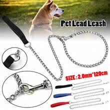120CM Metal Chain Dog Lead With Leather Style Handle Strong Control Leash UK - Black - View 1