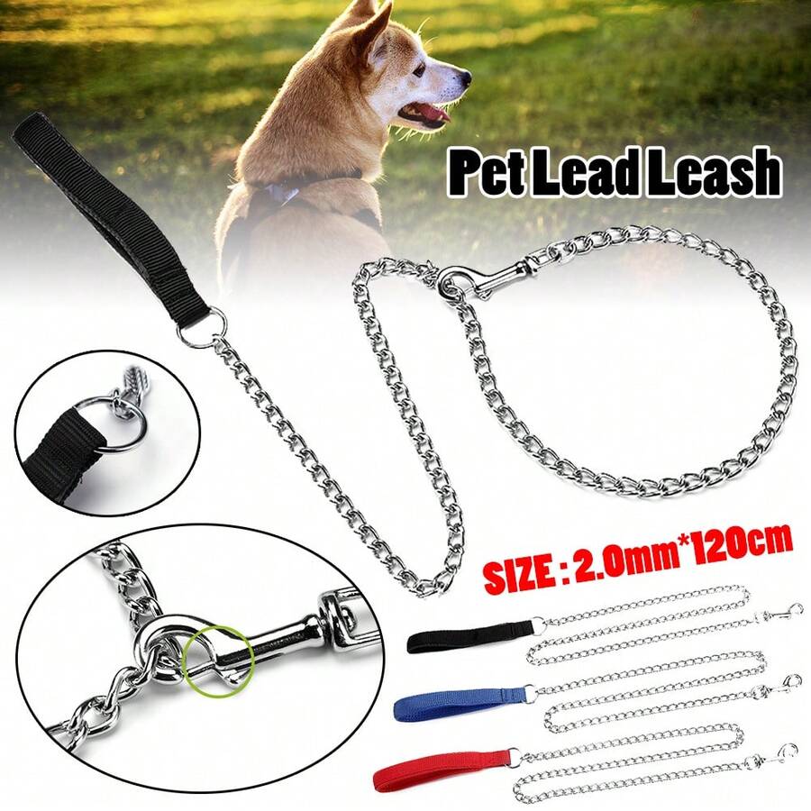 120CM Metal Chain Dog Lead With Leather Style Handle Strong Control Leash UK - Black - View 1