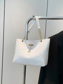 时尚复古大容量鳄鱼纹女士托特包，适合购物、钱包、逛街、年轻女士、大学生、新人、白领。非常适合办公室、大学、工作、商务、通勤、户外活动、旅行和野餐 - 白色 - 查看 6