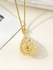 1pc Middle Eastern Style Women Water Drop Shaped Pendant Necklace With Gold Plated Hollow Carved Moroccan Bride Jewelry - Yellow Gold - View 2