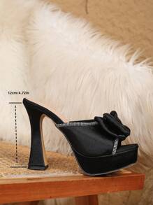 French Sexy Black Satin Peep Toe Slip-On Platform High Heel Sandals, Bowknot Rhinestone Trim, 4.7 Inch Heel, Suitable For Nightclub, Bar, Street, And Commute Wear