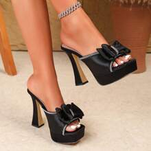 French Sexy Black Satin Peep Toe Slip-On Platform High Heel Sandals, Bowknot Rhinestone Trim, 4.7 Inch Heel, Suitable For Nightclub, Bar, Street, And Commute Wear
