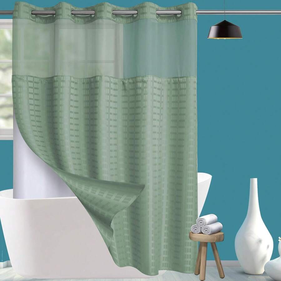 Wide Hotel Fabric Shower Curtain With Snap In Liner 108" X 74" For Bathroom Machine Washable Waterproof Repellent Shower Curtain (White 108" (W) X 74"(H)) - 格紋鼠尾草綠 - 查看 1
