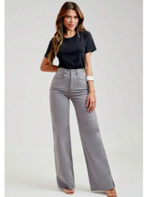 Calça feminino pantalona cinza claro