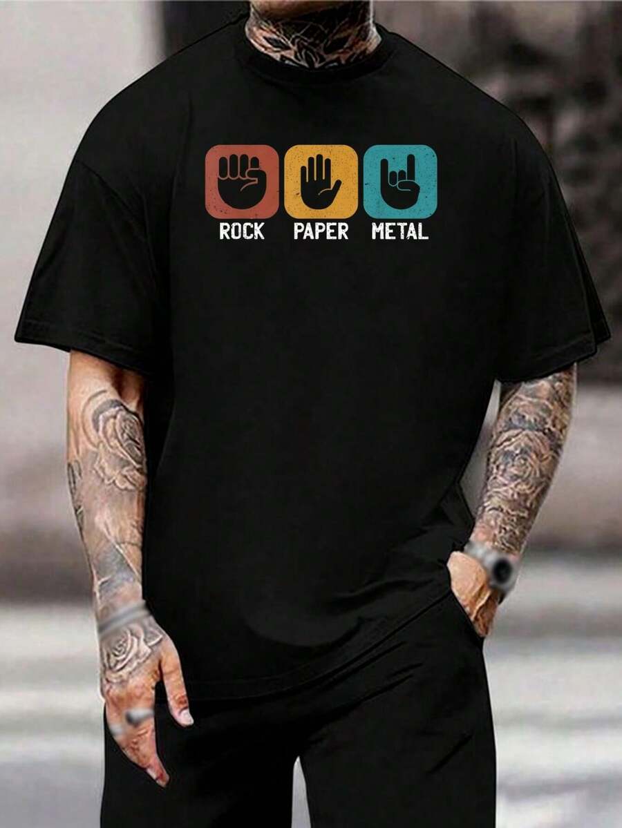 Camiseta gráfica divertida de Rock Papel Metal - Camiseta vintage retro para hombre y mujer - Regalo genial para frikis, nerds y gamers - Top informal de algodón único - Negro - Ver 1