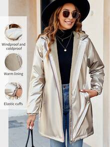 Women's Casual Hooded Padded Jacket With Pockets, Lightweight Quilted Padded Coat With Faux Fur Lining Spring/Fall/Winter Daily Wear - Gold - View 2
