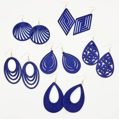 6 Pairs Retro Elegant Wooden Pendant Earrings, Blue Geometric Carved Design, Suitable For Evening Gowns And Party Outfits, Gift For Her