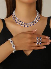 时尚镂空几何项链、耳环和手链套装，闪亮水钻新娘首饰套装，适合婚礼、宴会、舞会、派对 - 銀黑 - 查看 4