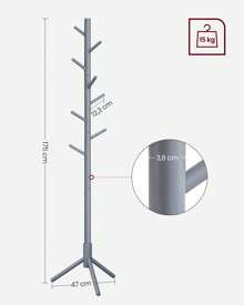 Attaccapanni da Terra, Appendiabiti in Legno a Forma di Albero, 8 Ganci, 3 Altezze, per Vestiti Cappelli Borse, Ingresso Camera da Letto Ufficio, Grigio