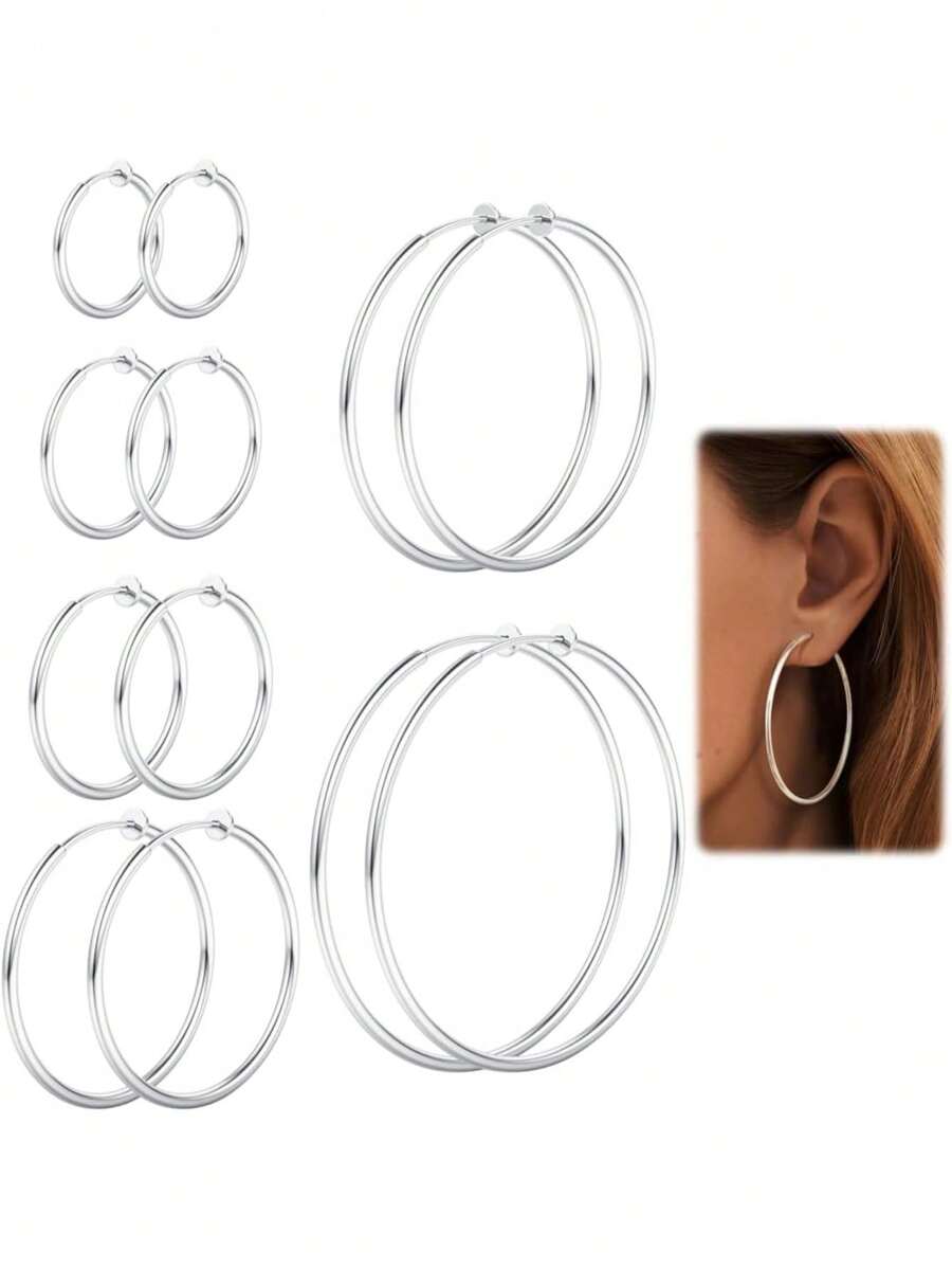Milacolato Non Pierced Hoop Earrings For Women Clip On Hoop Earrings Silver Gold Rose Gold Spring Hoop Earrings Set Small To Big Hoop Fake Earrings Jewellery 20-60cm - Multicolor - View 1