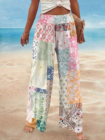 Fashionable Casual Vacation Style Elegant Women's Versatile Slim Fit Outerwear, Suitable For Going Out, Home, Travel, Work, New Autumn/Winter Women's Casual Floral Patchwork Loose Pants