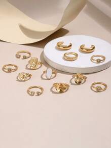 13pcs/Set Retro Rhinestone Hollow Portrait Adjustable Ring Set - Suitable For Daily & Casual Occasions