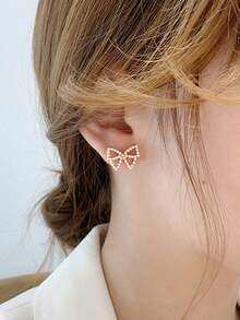 5 Pairs Minimalist Vintage Elegant Geometric Glazed Flower & Faux Pearl Delicate Rose Stud Earrings Set, Suitable For Women Daily And Festival Wear - D - View 5