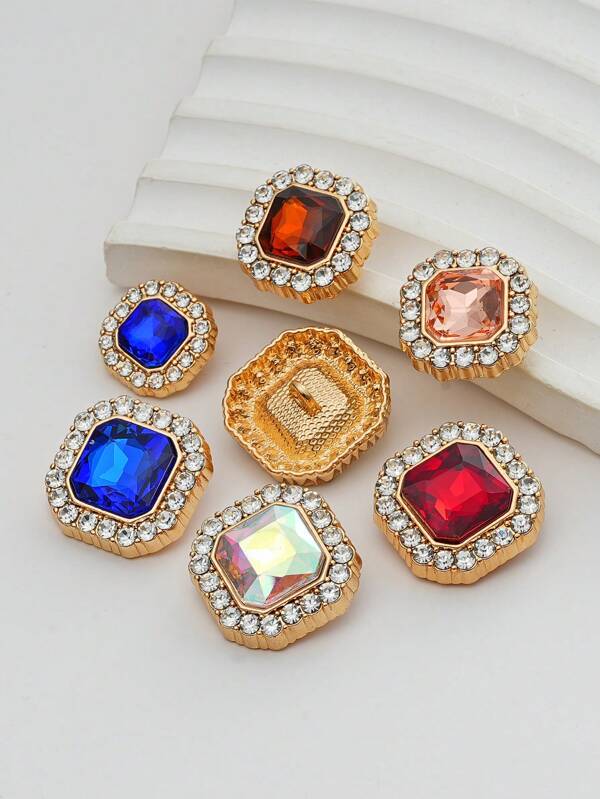 6pcs/Pack Multicolor Square Faux Gemstone Rhinestone Metal Buttons, Suitable For Women's Coats, Sweaters, Furs, Suits, Uniforms, Decorative Elegant Accent, DIY Bags, Gift Boxes, Hats, Jewelry Accessories