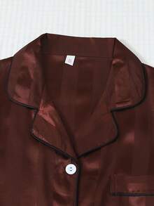 2pcs Satin Stripe Pajama Set, Long Sleeve Collar Button Shirt And Bowknot Long Pants, Sleepwear Loungewear Suit For Home Use, Autumn/Winter - Chocolate Brown - View 3