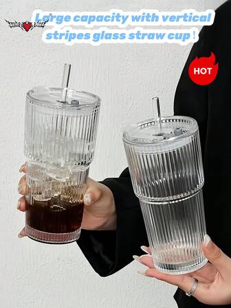 600ml/20oz Large Capacity Striped Glass Straw Cup With Lid, Stylish Reusable Beverage/Juice Glass Cup For Home Use Back To School