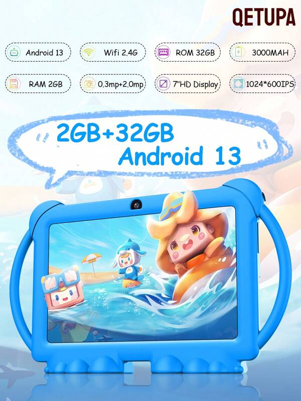 Qetupa Tableta para niños Android 13 de 7 pulgadas, procesador Quad-Core de 1.6GHZ A133, 2GB RAM + 32GB ROM, pantalla táctil IPS de 1024*600, batería de 3000mAh, cámara dual 0.3MP + 2.0MP, WiFi 802.11b de 2.4G, con control parental, educativa, juegos, funda a prueba de golpes