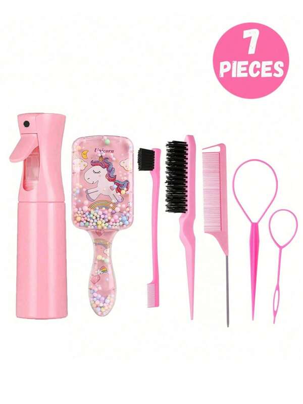 Set de 7 piezas/6 piezas/1 pieza que incluye peine cuadrado, botella de spray, peine de plástico antiestático con estampado de torre de hierro de dibujos animados, aguja de extracción de cabello portátil, botella de atomización de alta presión, adecuada para niños, niñas y cabello normal, con mango de ABS y diseño cuadrado encantador, set de herramientas de peluquería