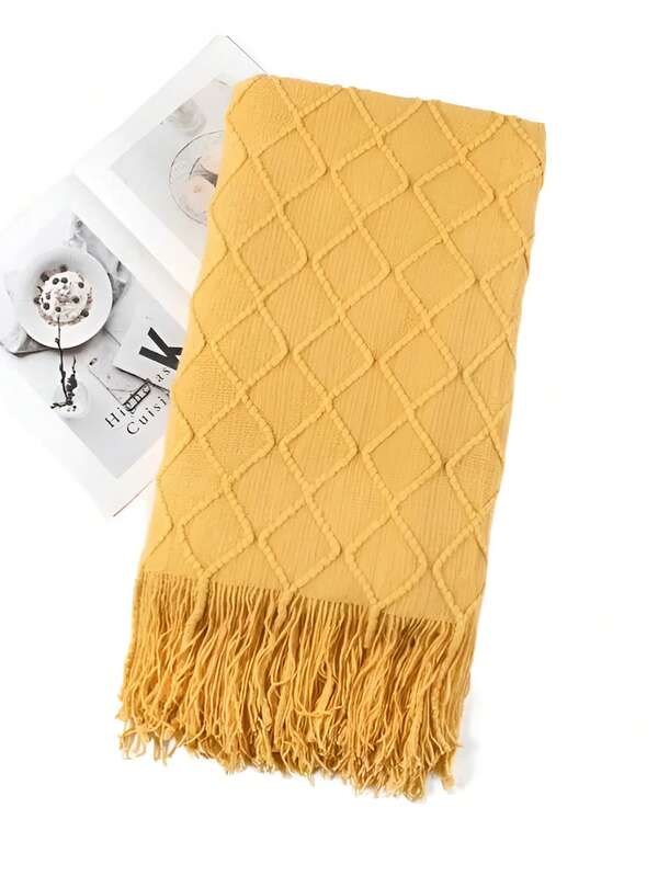 1pc Luxury Mustard Yellow Knitted Throw Blanket With Tassel Details - Scandinavian Style, Reversible, Suitable For All Seasons, Easy To Clean, Geometric Pattern, Ideal Holiday Gift, Cozy Home Decor Geometric Pattern Throw Blanket