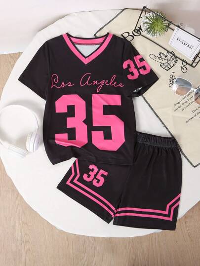 2 pièces/set T-shirt à manches courtes et col en V pour tout-petits filles, contraste noir et blanc avec le numéro 76 et décoration rayée, Top et short d'été décontractés, tissu tricoté respirant, lavable en machine