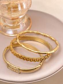 3 piezas Brazalete de acero inoxidable con elegante zirconia estilo vintage, adecuado para mujeres, regalo de aniversario de boda, brazalete apilable dorado
