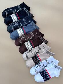 5 Pairs/10 Pairs Women Short Socks, Multi-Color Letter & Stripe Pattern, French Luxurious Retro Style, Fashion Versatile Ladies Socks For Spring & Summer