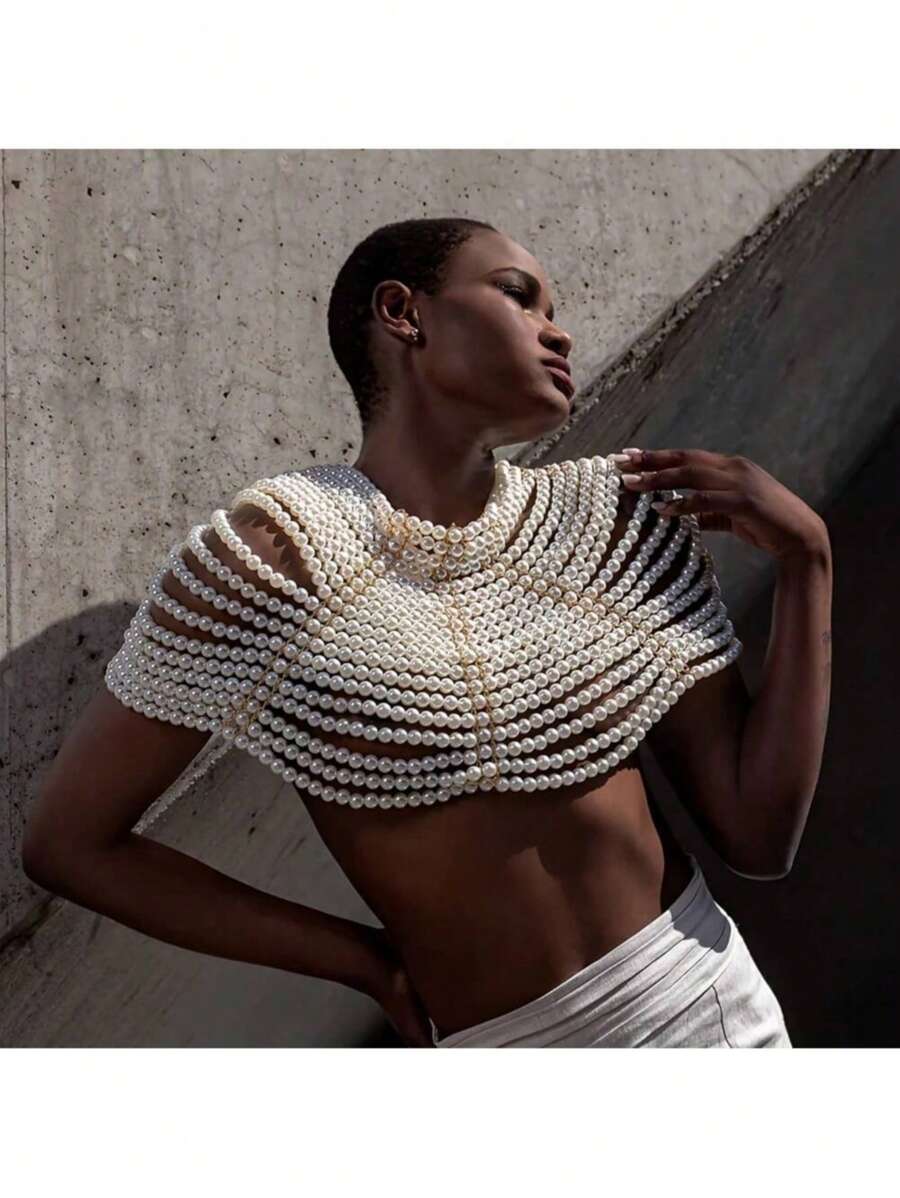 Catena corporal e collana per spalla in finta perla, realizzata a mano, adatta per le donne - gioielli multi-strato versatili per uso quotidiano, feste, discoteca e vacanze - scialle di lusso