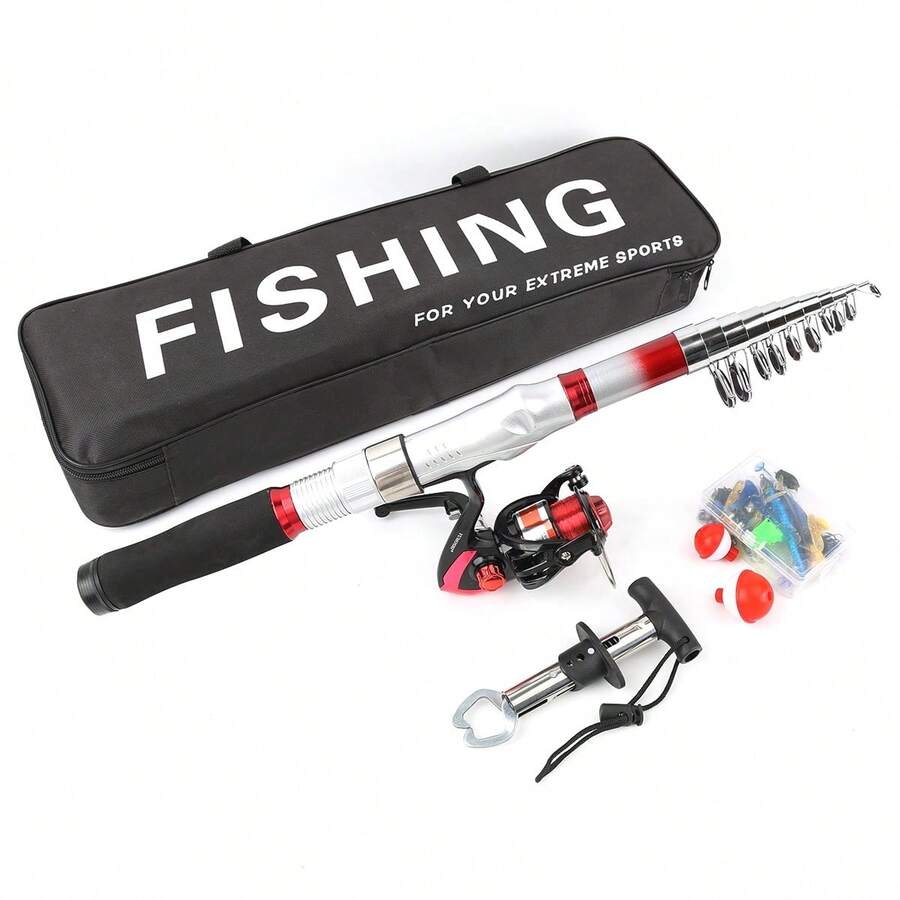 Nuevo set de equipamiento de pesca con 1 caña y 1 carrete, caña de pescar roja y plateada (opciones de longitud de 1.8m, 2.4m, 3m, 3.6m), carrete de pesca rojo, incluye 1 caña, 1 carrete, 1 accesorio, 1 bolsa de equipo, 1 agarrador de pescado
