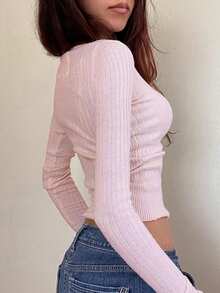 Mystra 女士休闲纽扣罗纹修身长袖毛衣/T恤，适合夏季和秋冬季节穿着