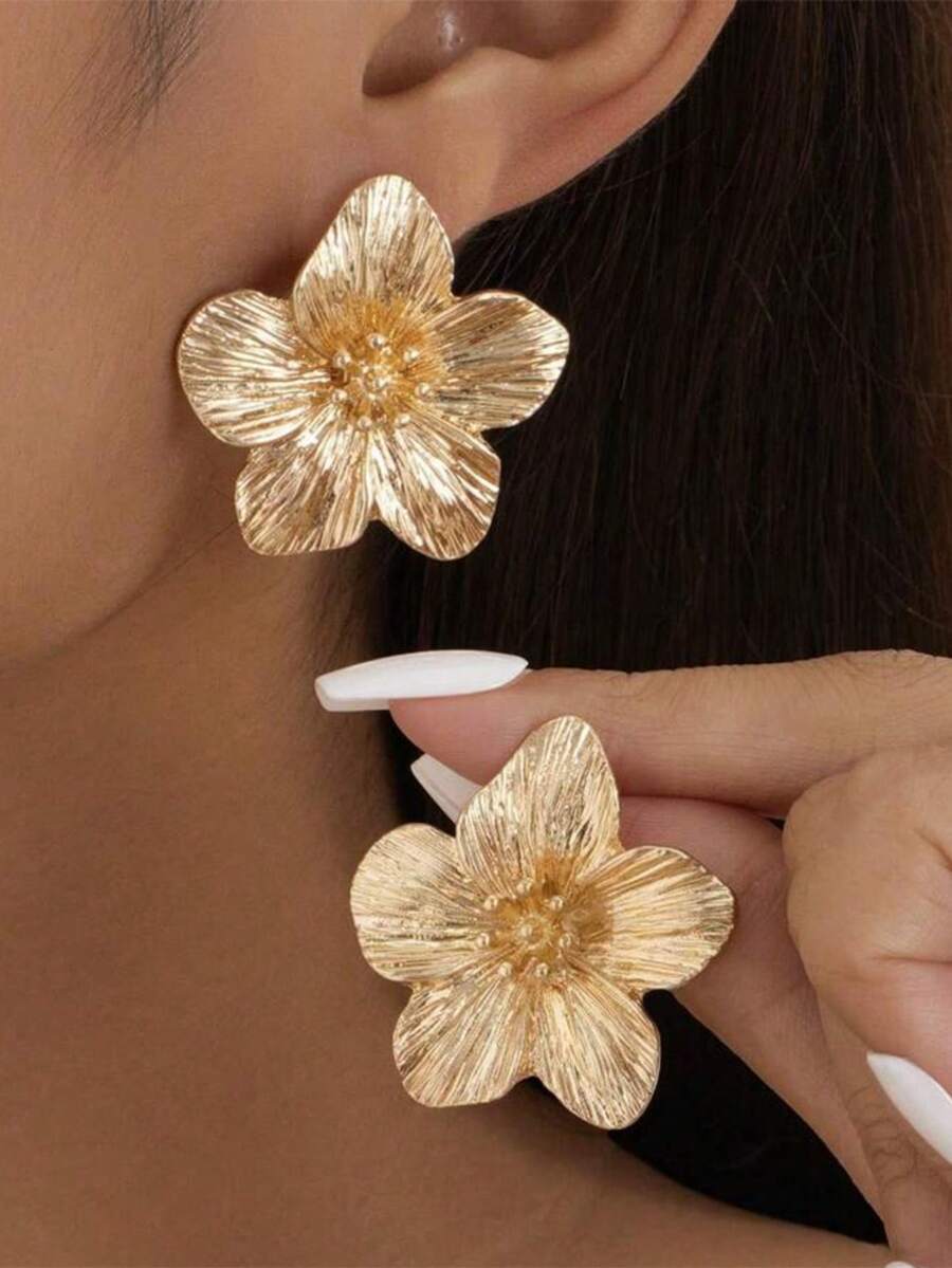 1 对优雅金色花朵五瓣耳钉，女士适用 - 金色 - 查看 1