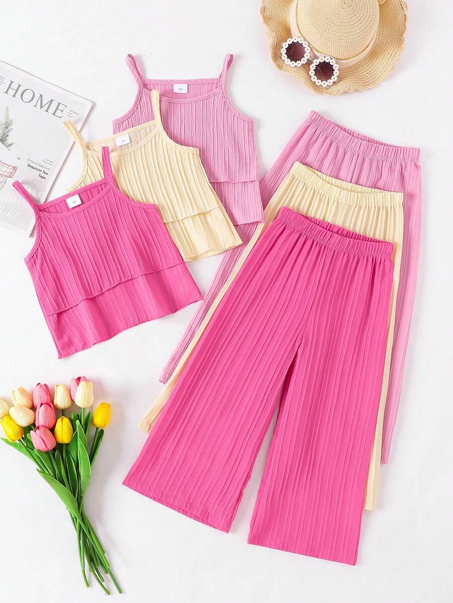 Conjunto de 6 peças de blusa casual de cor sólida para meninas e calças de perna larga, traje para atividades ao ar livre, primavera/verão