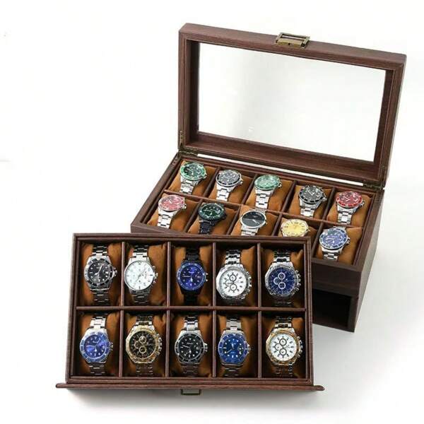 5/10/20 Slot Watch Storage Box, 2-Layer Watch Case Fit For Large Dial Watches, Watch Display Box With Lid, Detachable Watch Pillow, Men & Women Gift, Watch Organizer Box With Drawer, Jewelry Box